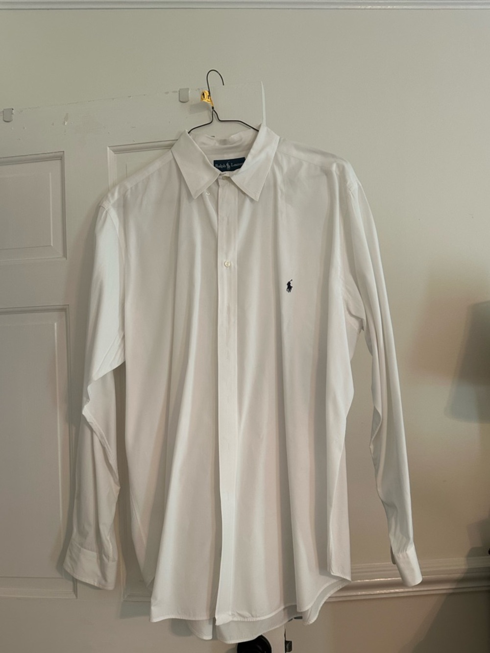 Ralph Lauren Men's White Button-Down Dress Shirt with Navy Polo Logo